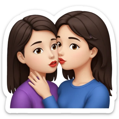 A girl kisses her friend The girls' hair color is dark brown.  sticker