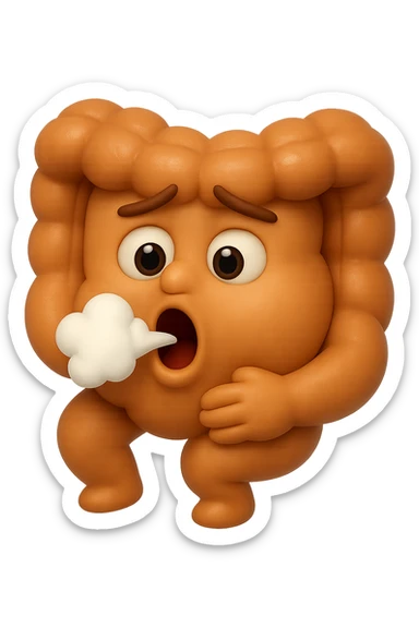 emoji stile iphone di un intestino che ingoia una nuvoletta di aria ben visibile e gli si gonfia la pancia, iperrealistico 4k sticker