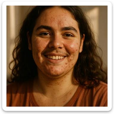 A woman with PCOS smiling confidently, visible facial hair and acne portrayed naturally, soft sunlight highlighting her features, warm tones, intimate portrait photography style, celebrating natural beauty, raw and unfiltered, hyperrealistic 4K sticker