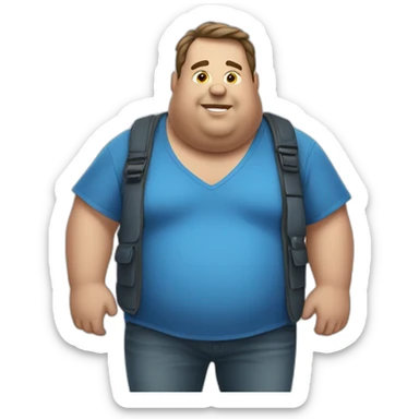 fat man in a blue shirt holding a phone sticker