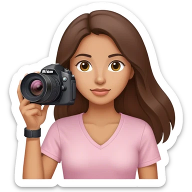 latin woman with long brunette hair light pink v neck shirt and nikon camera sticker
