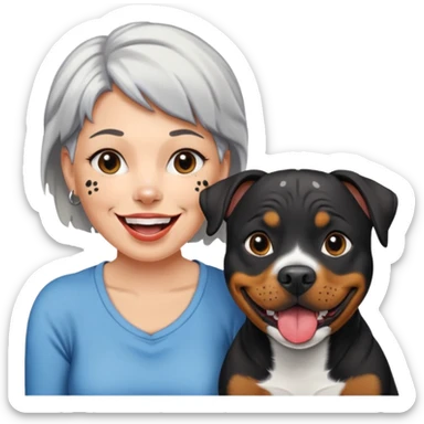 Pitt bull rottweiler white muzzle with black spots tongue out next to middle aged woman with short silver hair sticker