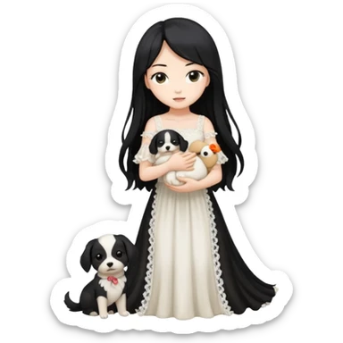 Pastel anime lady long hair with long lace dress full body holding puppy sticker