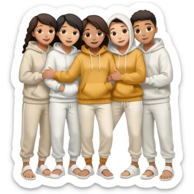 four mixed race friends all wearing white oversized hoodies with the hoods up, white sweatpants, and white slides huddled together hugging sticker