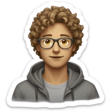 Young guy with curly light brown hair and rounded glasses with a grey hoodie on sticker