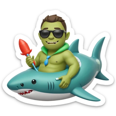 orc male sitting in an inflatable floatie shaped like a shark, wearing oversized sunglasses and a whistle on a neck cord, 2d sticker