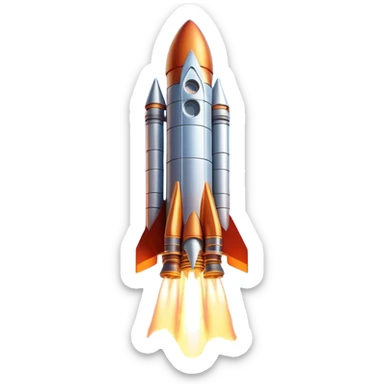  Cinematic Realistic Rocket Launch – A powerful, fiery scene of a massive rocket lifting off, its engines producing a bright, billowing inferno. The metallic body gleams in the sunlight, with intricate paneling and realistic textures bringing out its engineering marvel. Thick clouds of smoke and steam rise as it ascends into the sky. sticker