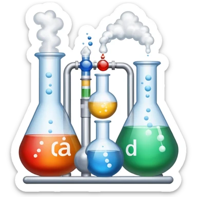An icon featuring chemical flasks with tubes, representing hydrolysis, along with liquids, powders, and chemical formulas. The design includes molecules and reaction symbols, symbolizing the study of chemical processes and compounds. Transparent background highlights the science of reactions. sticker