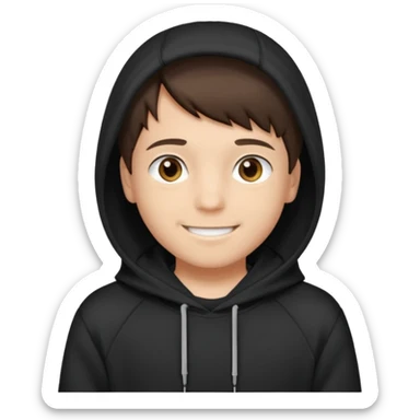 A brunette boy, short straight hair, light brown eyes, with a black sweatshirt with a hoodie, and smile  sticker