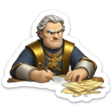 middle ages taxman, angry, writing on a paper, pile of gold sticker