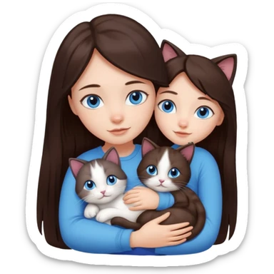 a girl with long dark 
brown hair, with blue eyes, hugs 3 different natural coloured small cats sticker