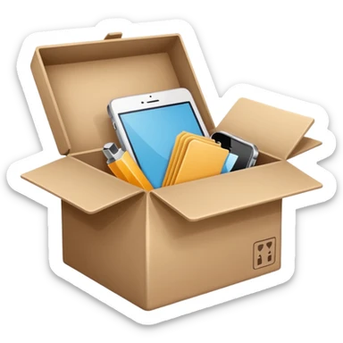Minimalistic flat vector icon, iOS style, thin black contour on white background. Open box with old items being cleared out. Clean, modern, no text, no shadows sticker