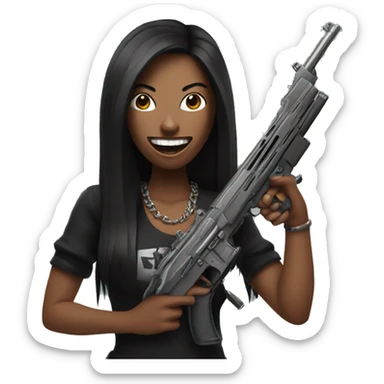 woman with long black hair and grillz holding 2 guns sticker