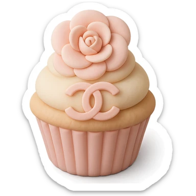 pastel Chanel cupcake with a camellia flower and logo, fondant cake art style sticker