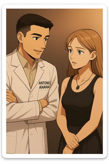 fai un webtoon/manga a colori con questo kinesiologo in camice bianco (fagli la scritta "ANTONIO ANANIA" SUL CAMICE) CHE PARLA CON QUESTA RAGAZZA CON GLI OCCHI AZZURRI. la ragazza gli fa una domanda e IL KINESIOLOGO CON IL CAMICE BIANCO LE risponde. NON FARE I FUMETTI, FAI SOLO LORO COME SE DIALOGASSERO sticker