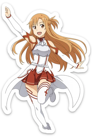 Sticker of Asuna from Sword Art Online in anime style, dynamic pose, cheerful expression, transparent background, inspired by the reference image. sticker