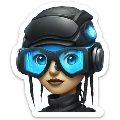 female netrunner, cyberpunk hacker with mechanical glasses, black robot body, black vr headset, eyes covered, no eyes, blue neon sticker