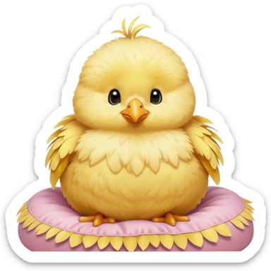 Cinematic round fluffy chick, golden yellow, tiny beak and feet, soft downy feathers, sparkling gentle eyes, sitting on a pastel-colored cushion, radiating warmth and sweetness. sticker