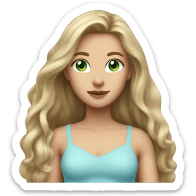 girl with long dark blonde hair, green eyes, wearing a light blue crop top sticker