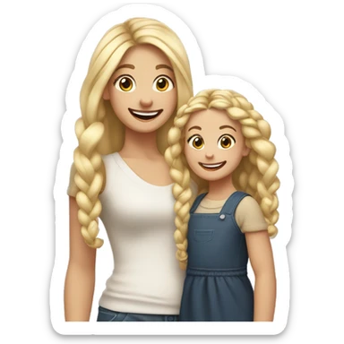 An emoji of a blonde mother with very long hair and a cheerful expression, standing next to her 3-year-old daughter, a small girl with black hair styled in two braids, both smiling happily together sticker