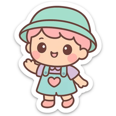 cute character, cartoon style, colorful clothes, childlike features, big eyes, playful expression sticker