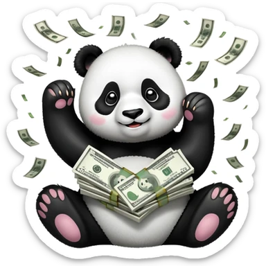 Panda with money raining around it  sticker