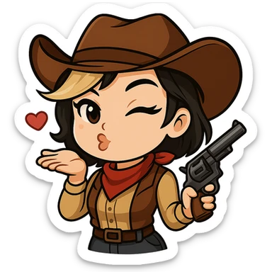Remove the left gun (on her right, our left) from this chibi cowgirl image. Make her left hand look natural, as if she is just blowing a kiss. Keep the new anime-style eyes, pose, winking and blowing a kiss expression, outfit, right gun, and all other details unchanged. Transparent background, sized for Twitch or Discord use. sticker
