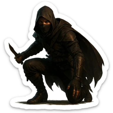 a man dressed as an assassin, sleek outfit, mask, agile stance, fantasy style, detailed, cinematic lighting sticker