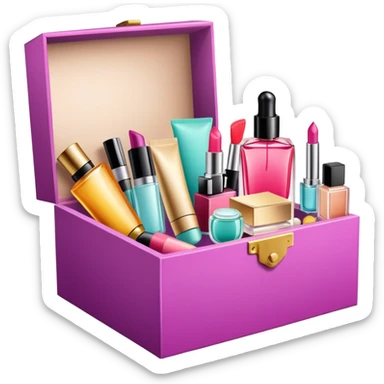 an opened box with various beauty items spilling out, including makeup, skincare, and perfume sticker