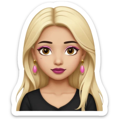 Sweet Indian girl blond long hair darkbrow  eyes brown/pink lipstick blush, black top gold earrings, brown eyebrows  sticker