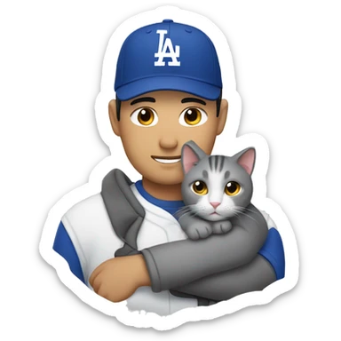 A gray cat cuddling an Asian man wearing a dodgers hat sticker