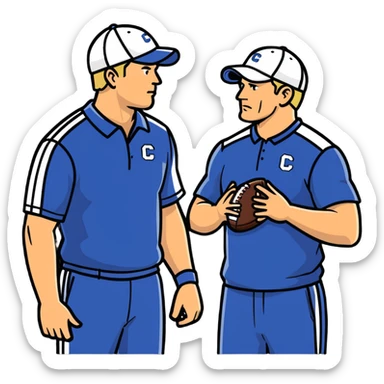 2 football coaches talking wearing caps and athletic clothing sticker
