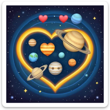 Solar system with heart-shaped planets orbiting a sun, colorful planets in the shape of hearts sticker
