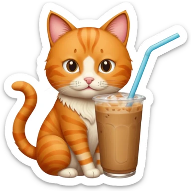 Gato naranja tomando café frio con un popote sticker