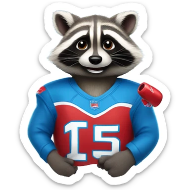 A cute raccoon holding a red bull drink, wearing a blue Detroit lions jersey  sticker