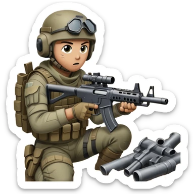 A skilled airsoft player in tactical gear, aiming a gun and shooting metal BBs in a desolate, ruined landscape. The setting is filled with broken walls and debris, creating a tense atmosphere of strategy and precision in a high-stakes tactical environment sticker
