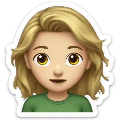 adolescent girl with messy brown blond hair, green and hazel eyes, looking a bit tired, dark green shirt sticker