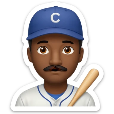A dark-skinned man with a baseball cap, brown eyes, and a thin black mustache. sticker