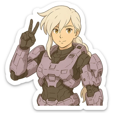 victory salute, female, wearing reach spartan armor shoulder-unequip, long white braid hair with massive messy front side single bangs, gold yellow eyes, attention pose, D-cup size, HALO:series, no helmet, the armor is lavender color scheme, sticker