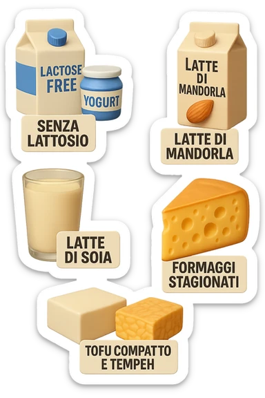 emoji stile iphone 3d di questi elementi che fluttuano in aria:

Latte e yogurt delattosati
Latte di mandorla (non zuccherato)
Latte di soia da proteine isolate
Formaggi stagionati (es. parmigiano)
Tofu compatto e tempeh
 che fluttuano in aria,  le etichette scrivile in italiano, iperealistico 4k sticker