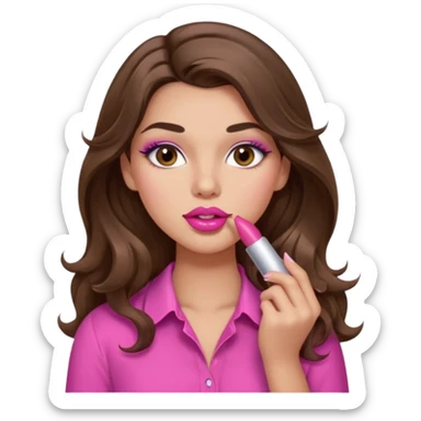 girl with long wavy brown hair, brown eyes, light to medium complexion, in a pink sexy shirt, pink lips, long lashes, puckered lips, putting on lipstick sticker