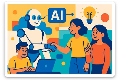 AI and People, modern, harmonious, technology meets humanity, vibrant colors sticker