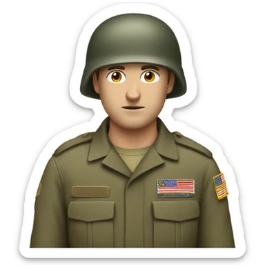 white man with brown short hair and military helmet having a lazy eye sticker