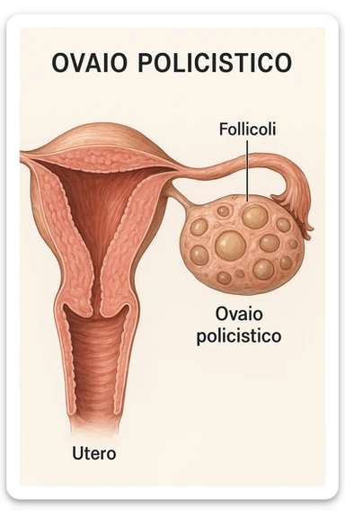 realistic 3D medical illustration of polycystic ovaries with multiple follicles, uterus in section, clinical details, natural colors, Italian captions, aspect ratio 2:3 sticker