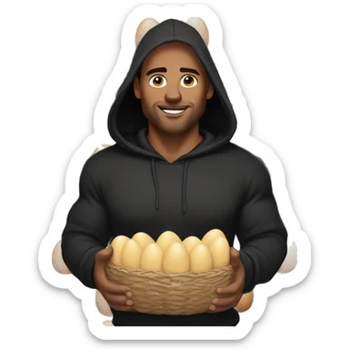 Buff white man with black hoodie and dark brown hair holding a ton of eggs sticker