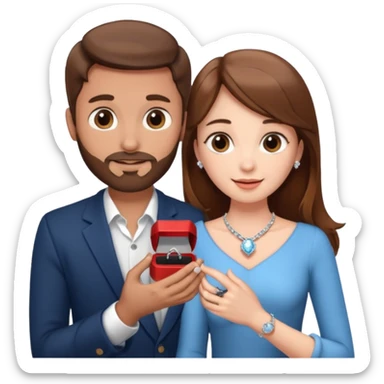 A brown haired man with a short beard proposing to a brown haired girl with a ring box sticker