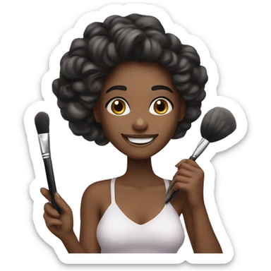 A makeup artist girl smiling with a makeup brush in her two hands with long hair sticker