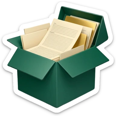3D minimal open box with papers and documents floating out, matte finish, deep green (#0B3D2C) box, cream (#F5F5DC) papers, gold (#C9B037) subtle glow, Apple style, clean and premium, soft shadow, transparent background sticker