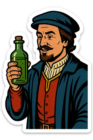 A male doctor from tudor england with his herbal medicine bottle sticker