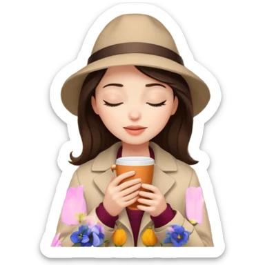 Brunette girl with white skin and eyes closed, wearing a clod ge coat's hat who smells the coffee in her hand in home sticker